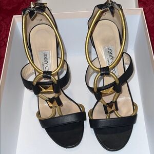 Like New Jimmy Choo Black and Gold Strappy Heels